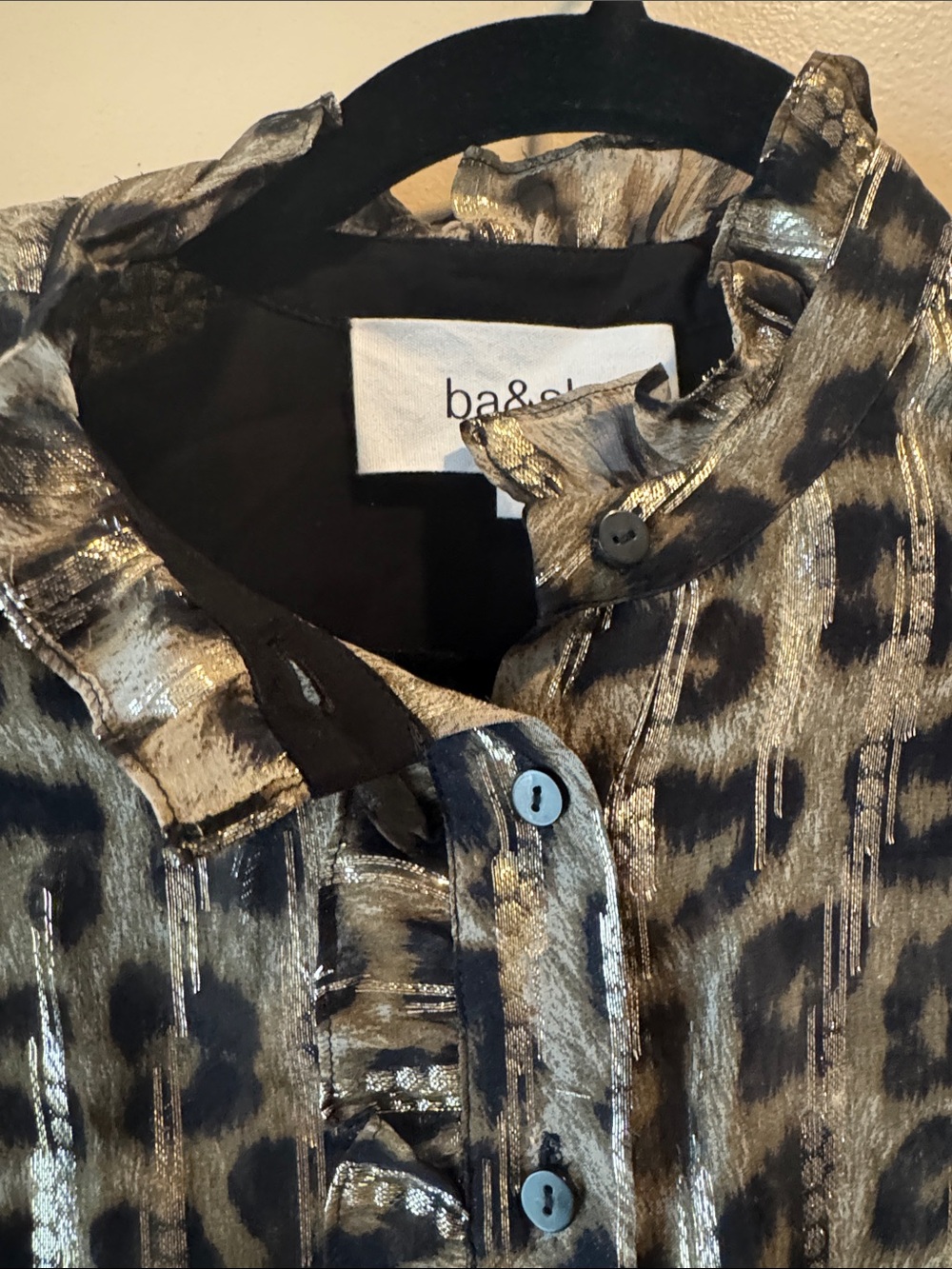 ba&sh Metallic Leopard Ruffle-Front Blouse - Gold & Black - Picture 6 of 7